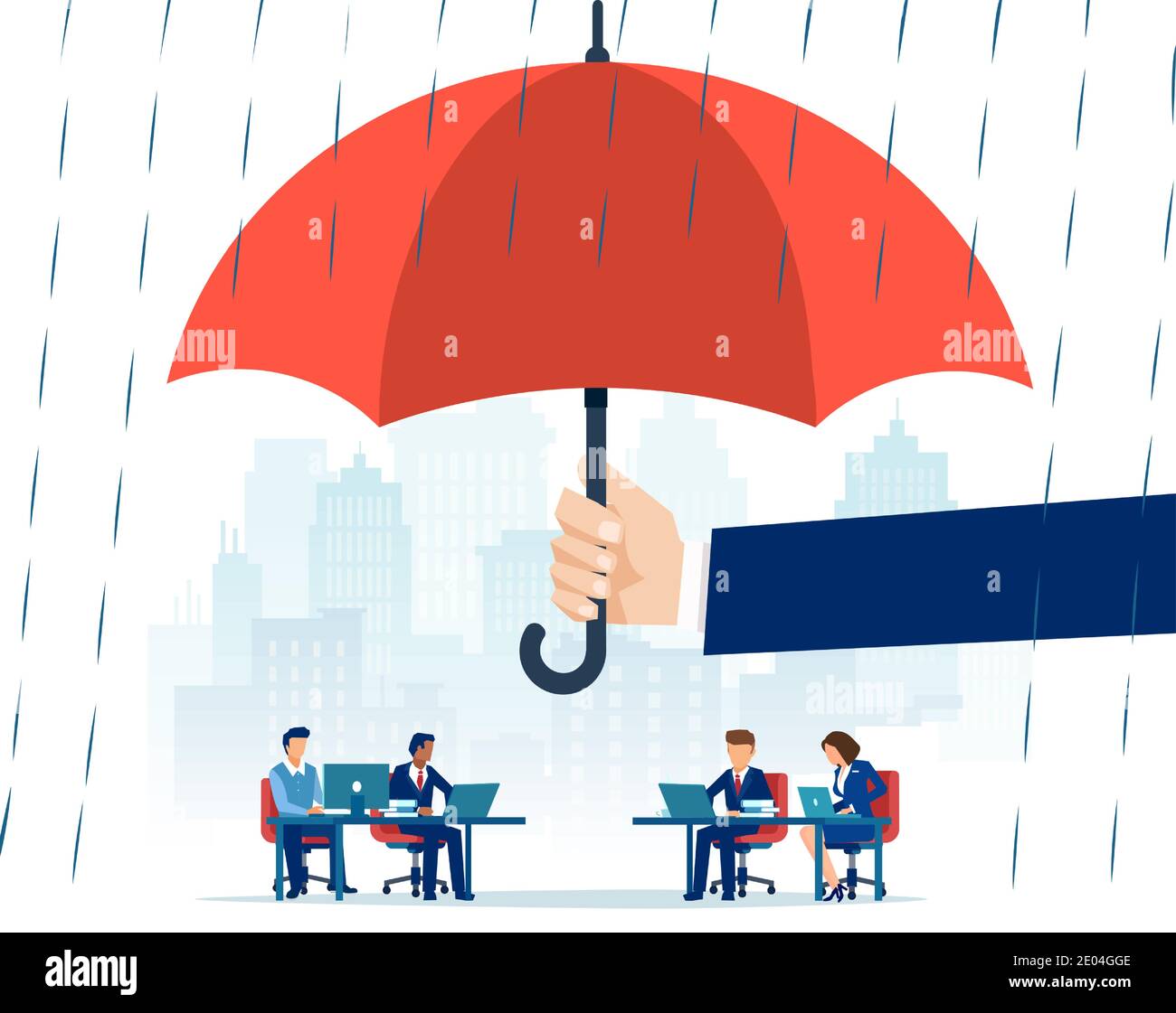 Vettore di una mano che tiene grande ombrello in protezione pioggia persone dipendenti che lavorano in un ufficio Illustrazione Vettoriale