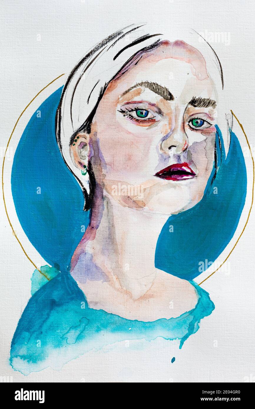 ritratto acquerello di ragazza Foto Stock