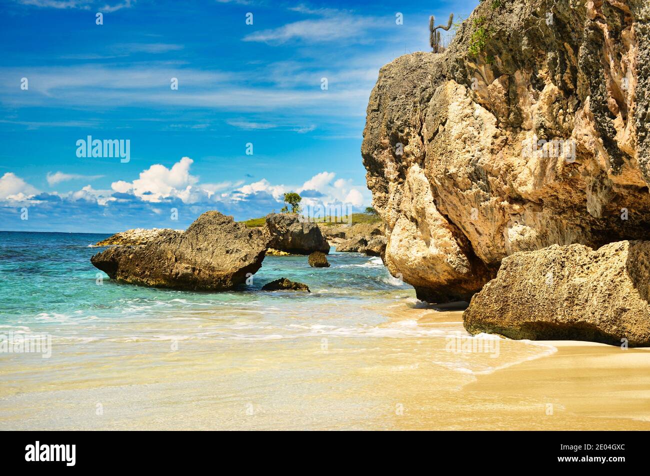bellissima spiaggia sull'isola caraibica di bonaire, ottimo luogo per fare snorkeling e immersioni sull'isola. godetevi il relax nella sabbia vicino al mare Foto Stock