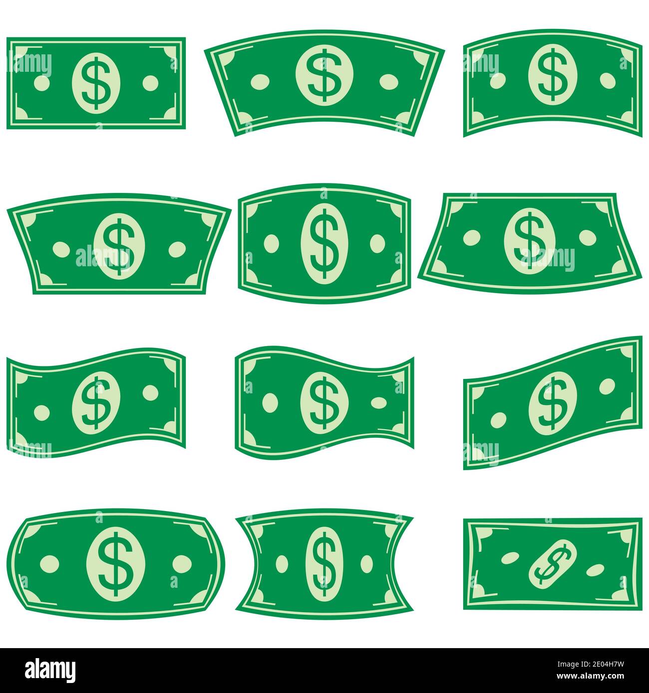 Set di banconote in dollari, con diversa deformazione, icone di simboli vettoriali, banconote curve con simbolo del dollaro Illustrazione Vettoriale