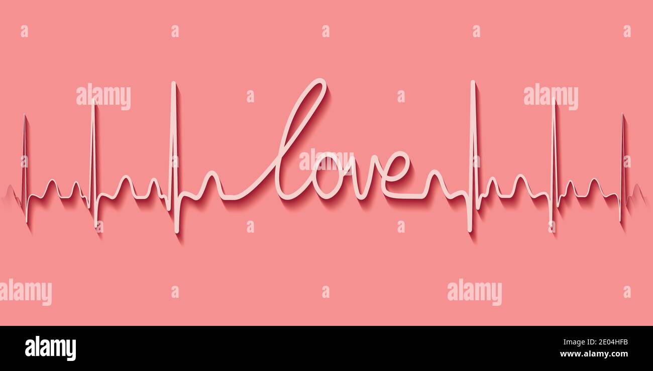Heartbeat pulse text la parola amore, linea di disegno calligrafia mano, vettore il concetto di amore per San Valentino Illustrazione Vettoriale
