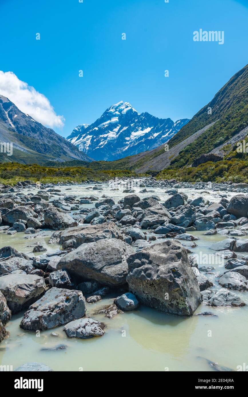 Hooker valle che conduce ad Aoraki / Monte Cook in New Zelanda Foto Stock