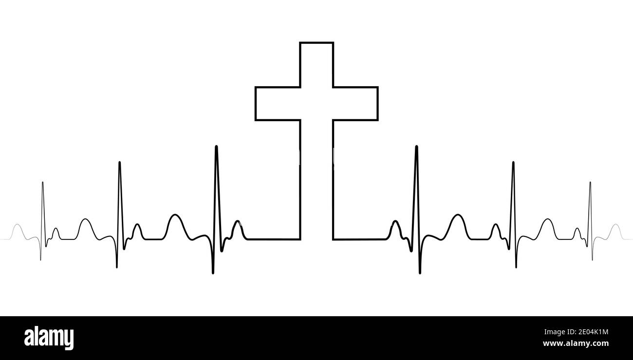 Simbolo di croce fede cristiana, una singola linea vettoriale, la croce e il cuore pulsato batte, l'eccitazione della religione Illustrazione Vettoriale