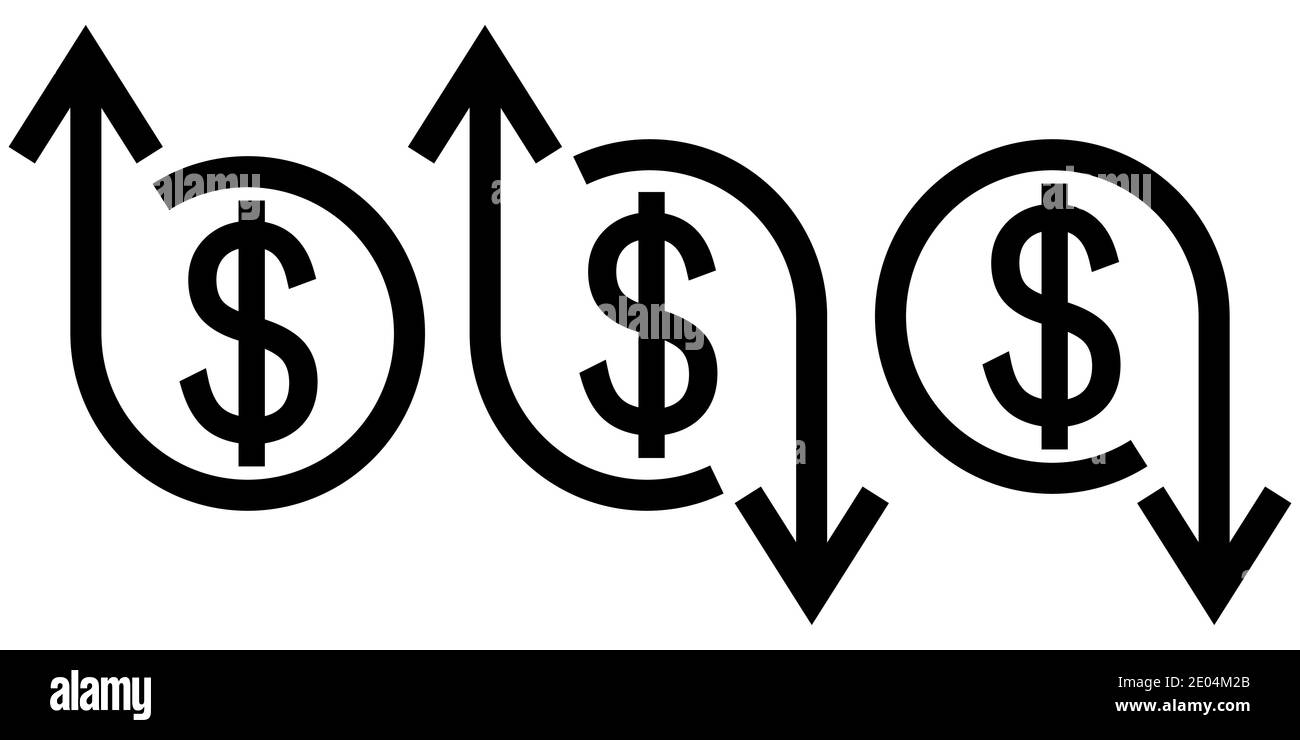 Icona di sviluppo della crisi fiorente, vettore simbolo del dollaro e freccia su e giù, concetto di crisi economica e di sviluppo delle imprese Illustrazione Vettoriale