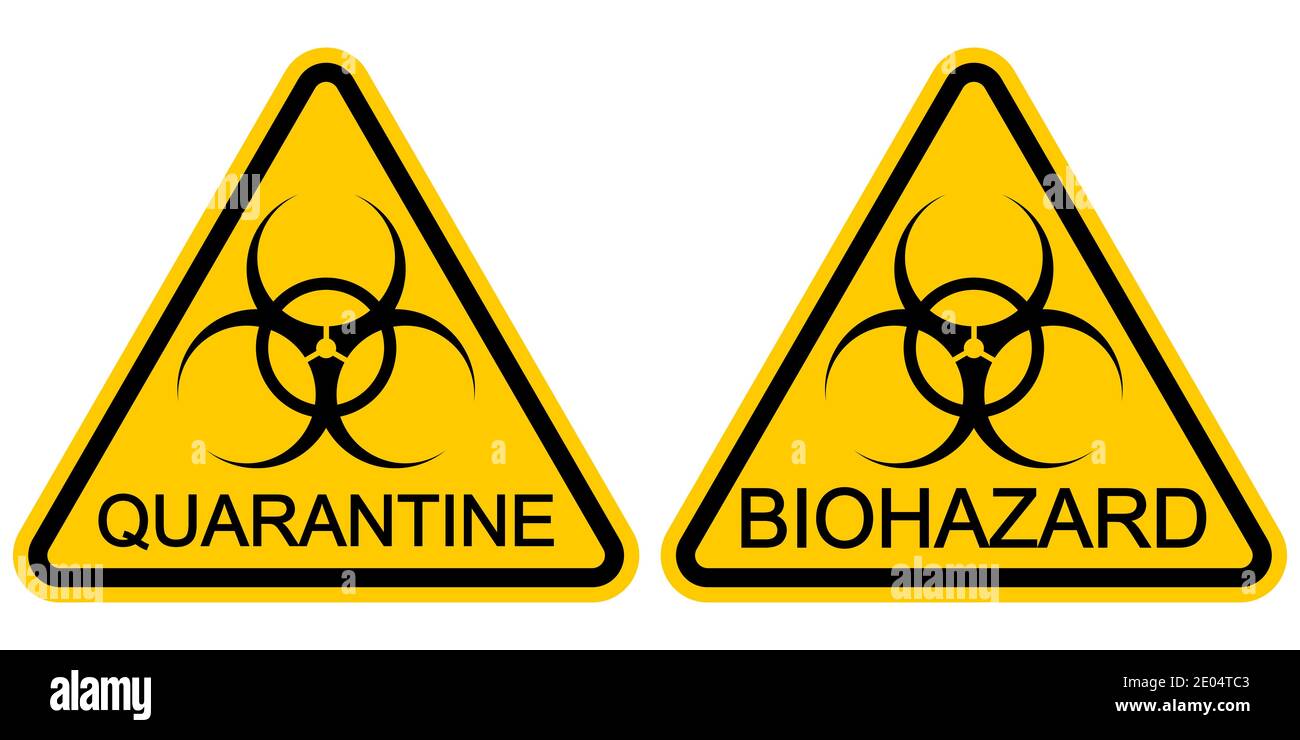 Simbolo giallo triangolare di avvertenza quarantena SARS COVID 19 coronavirus, pericolo vettore pericolo biologico polmonite simbolo di protezione Illustrazione Vettoriale