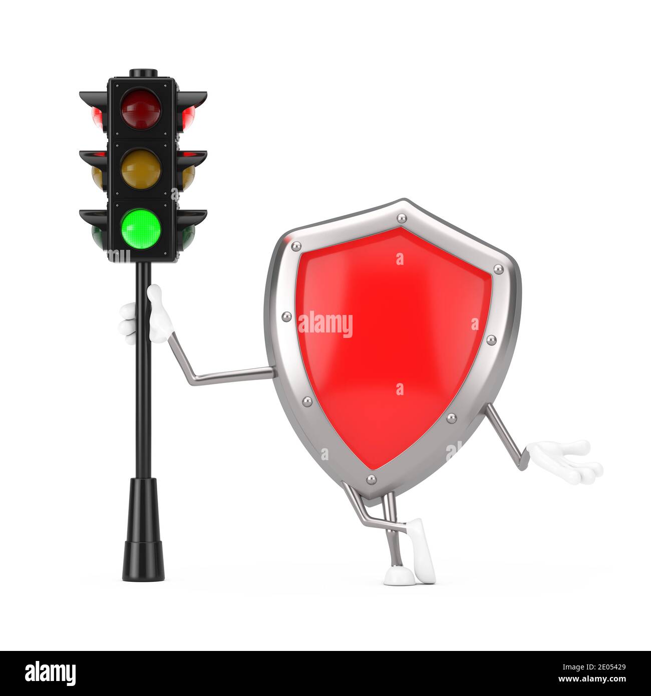 Red Metal Protection Shield personaggio Mascot con Traffic Green Light su sfondo bianco. Rendering 3d Foto Stock