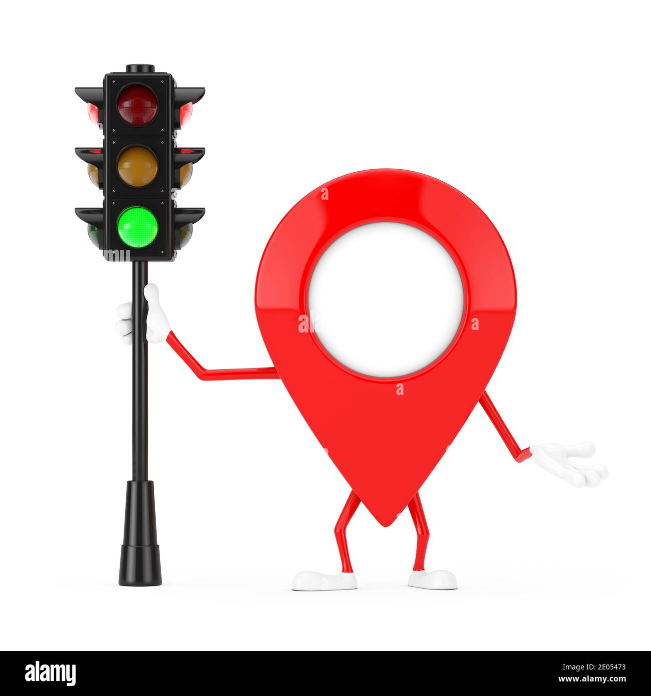 Puntatore Mappa personaggio Mascot con Traffic Green Light su sfondo bianco. Rendering 3d Foto Stock