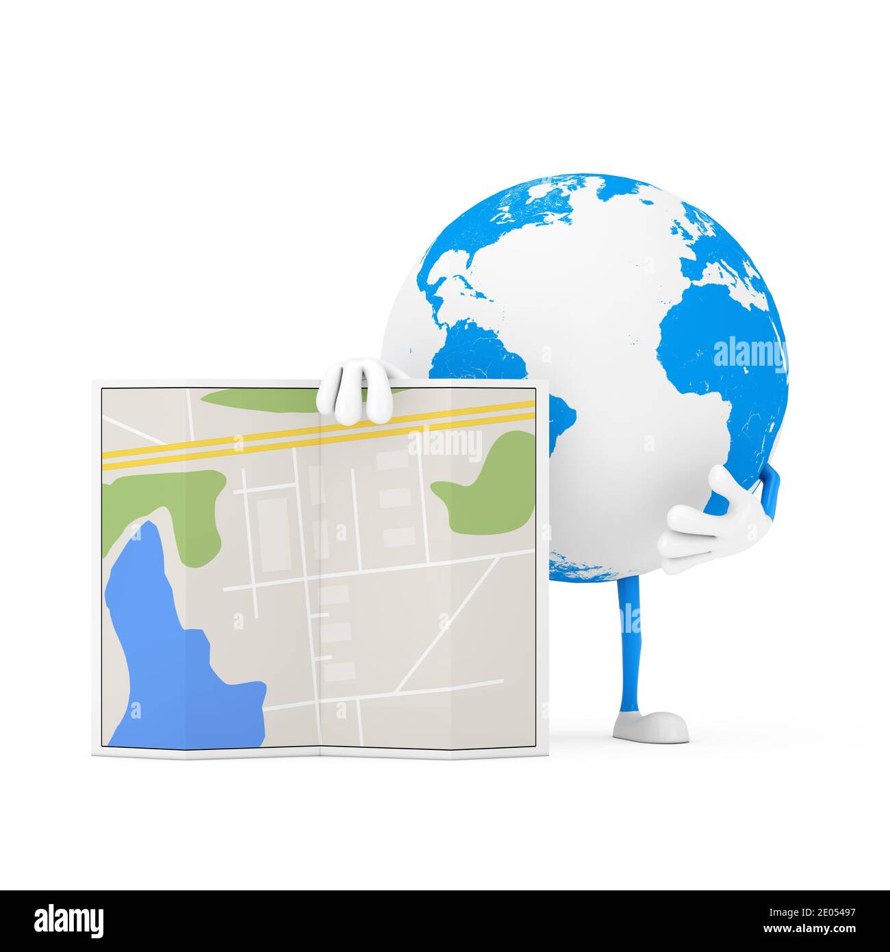 Terra Globe personaggio Mascot con Abstract City Plan Mappa su sfondo bianco. Rendering 3d Foto Stock