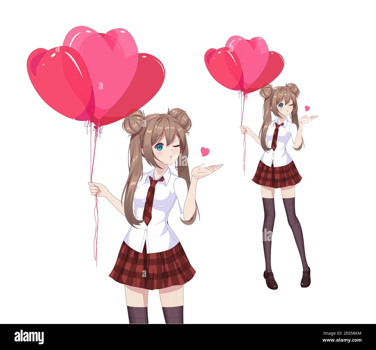ANIME manga ragazza in una gonna rossa e blusa bianca stanno tenendo  palloncini a forma di cuore. Illustrazione vettoriale Immagine e Vettoriale  - Alamy