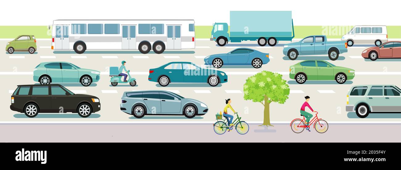 Traffico stradale con auto, autobus e ciclisti Illustrazione Vettoriale