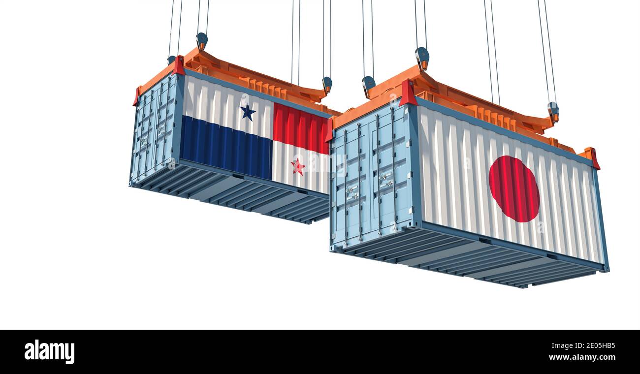 Contenitori merci con bandiere nazionali del Giappone e del Panama. Rendering 3D Foto Stock