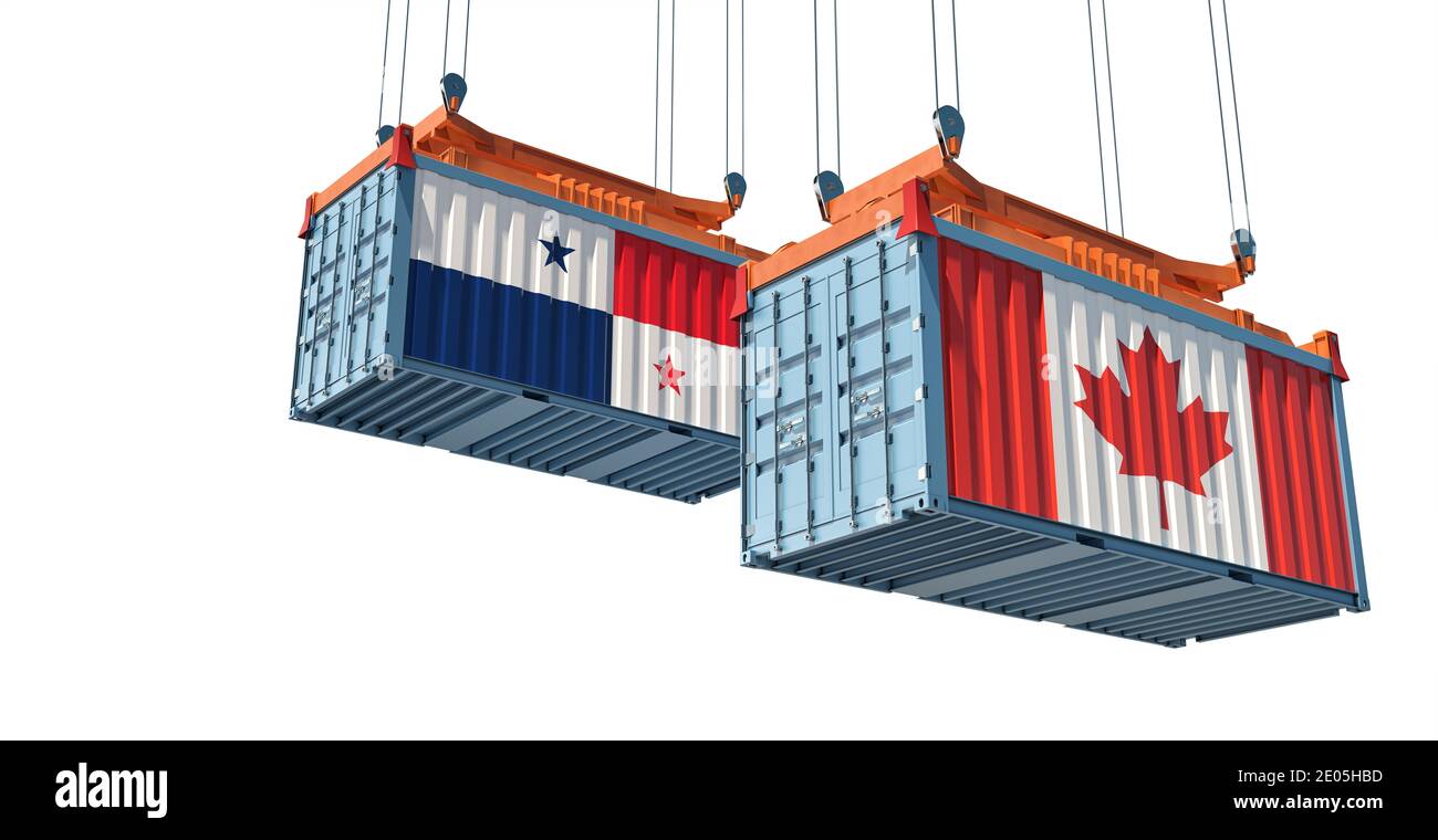 Contenitori merci con bandiere nazionali Canada e Panama. Rendering 3D Foto Stock