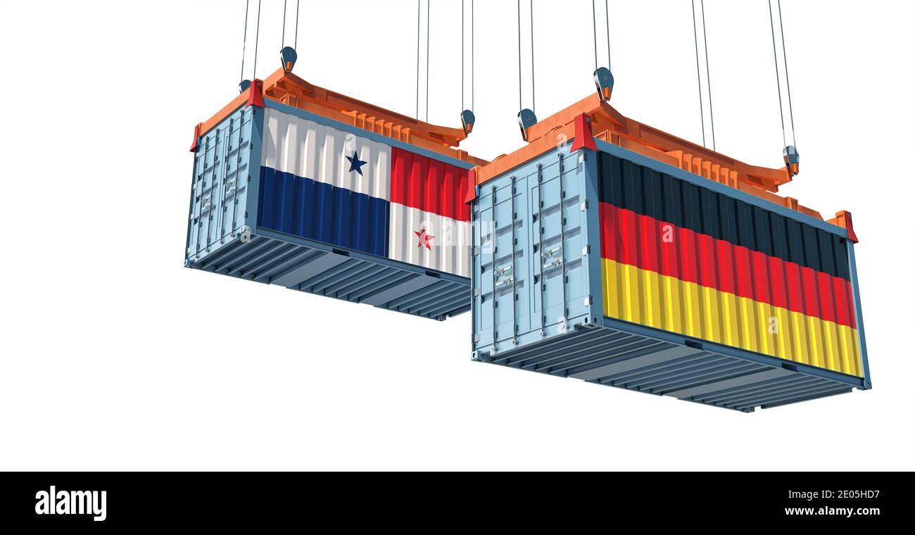 Container con bandiere nazionali tedesche e Panama. Rendering 3D Foto Stock