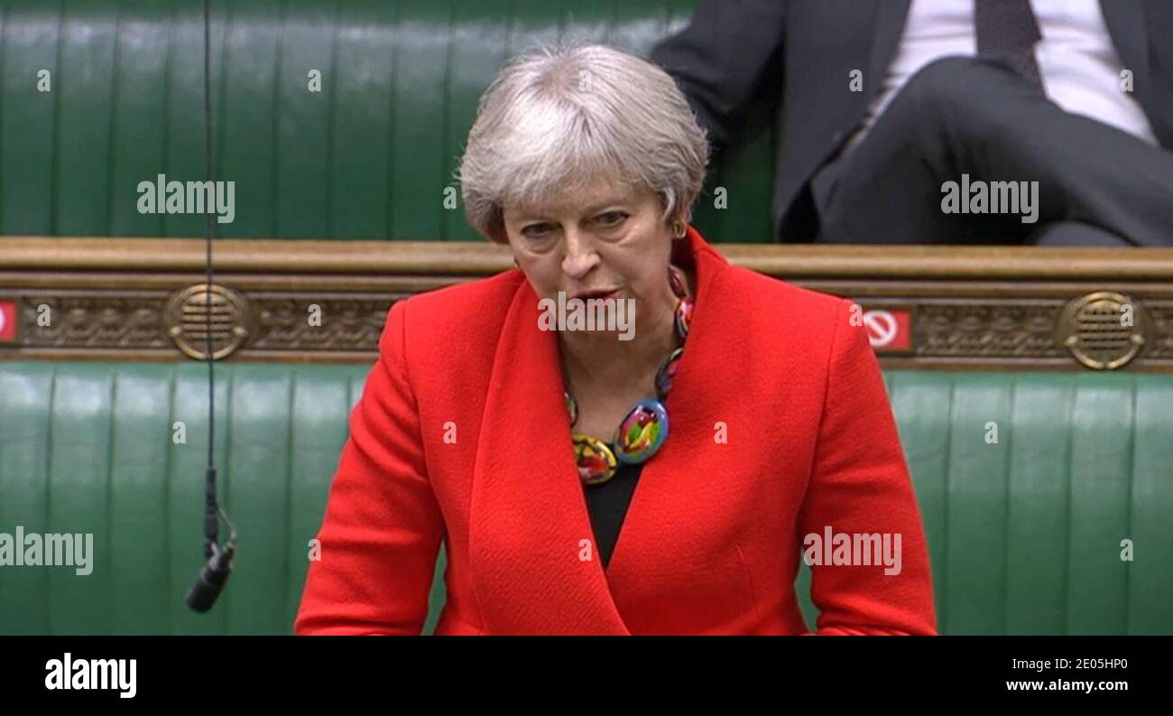 L'ex primo ministro Theresa May durante il dibattito in seno alla Camera dei Comuni sul progetto di legge UE (future relationship). Foto Stock