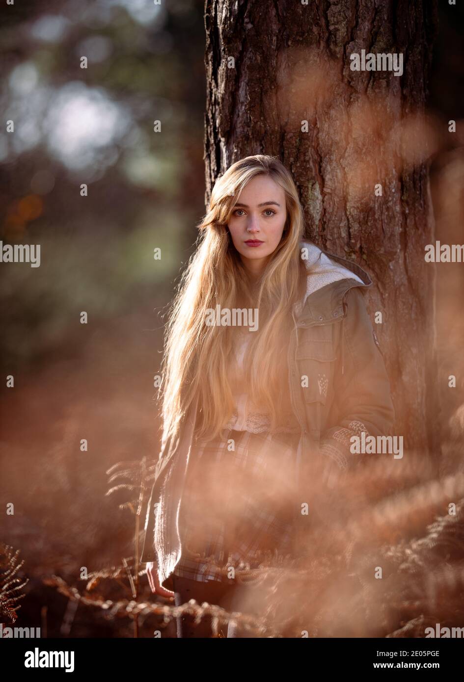 Naturalmente bella giovane donna che guarda direttamente alla macchina fotografica in un'immagine editoriale di moda ambientato in una foresta che indossa un cappotto bagnata dal sole d'inverno glorioso. Foto Stock
