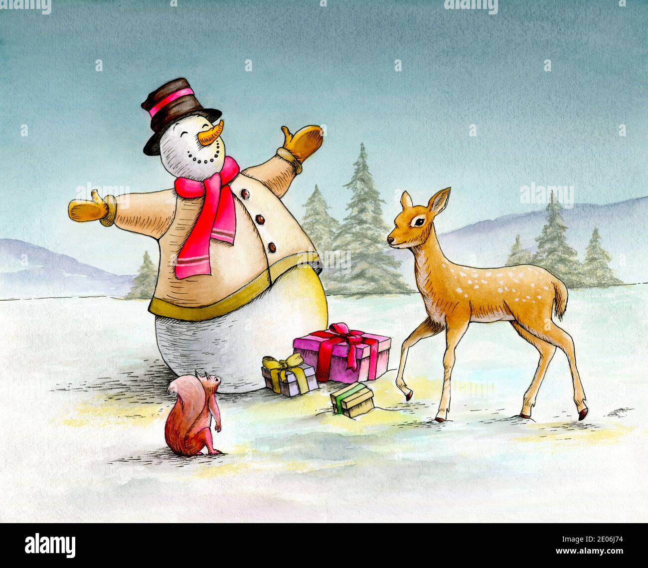 Snowman che dà regali ad uno scoiattolo e ad un fawn. Illustrazione acquerello tradizionale. Foto Stock