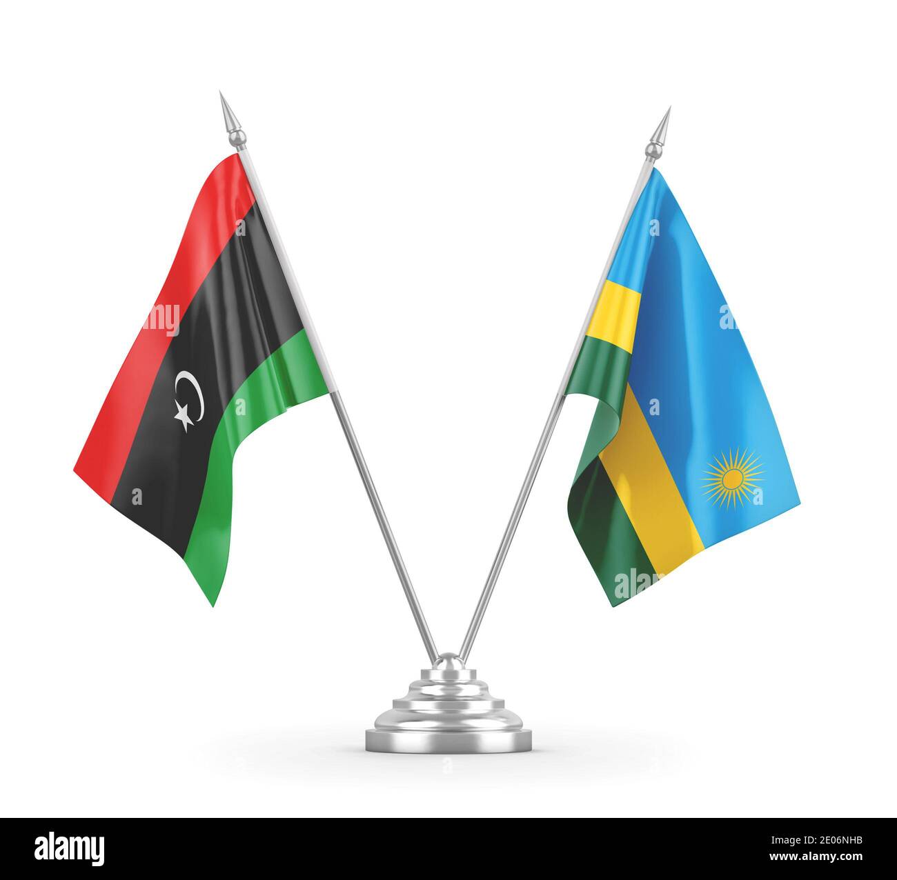 Bandiere da tavolo in Ruanda e Libia isolate su sfondo bianco 3D rendering Foto Stock