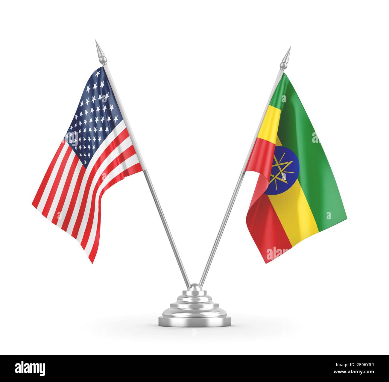 Le bandiere da tavolo di Etiopia e Stati Uniti sono isolate su sfondo bianco Rendering 3D Foto Stock