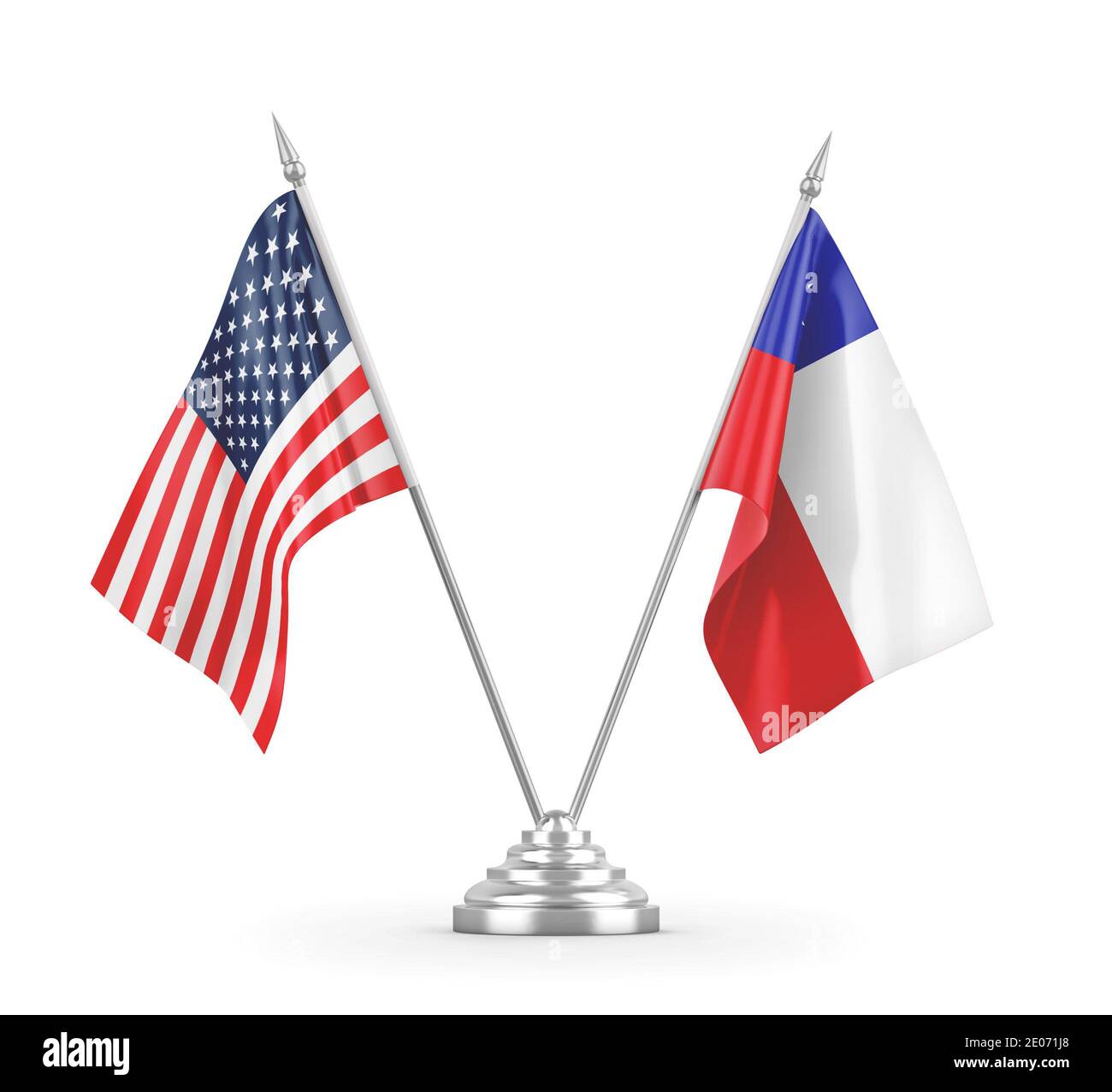 Bandiere da tavolo del Cile e degli Stati Uniti isolate su sfondo bianco Rendering 3D Foto Stock