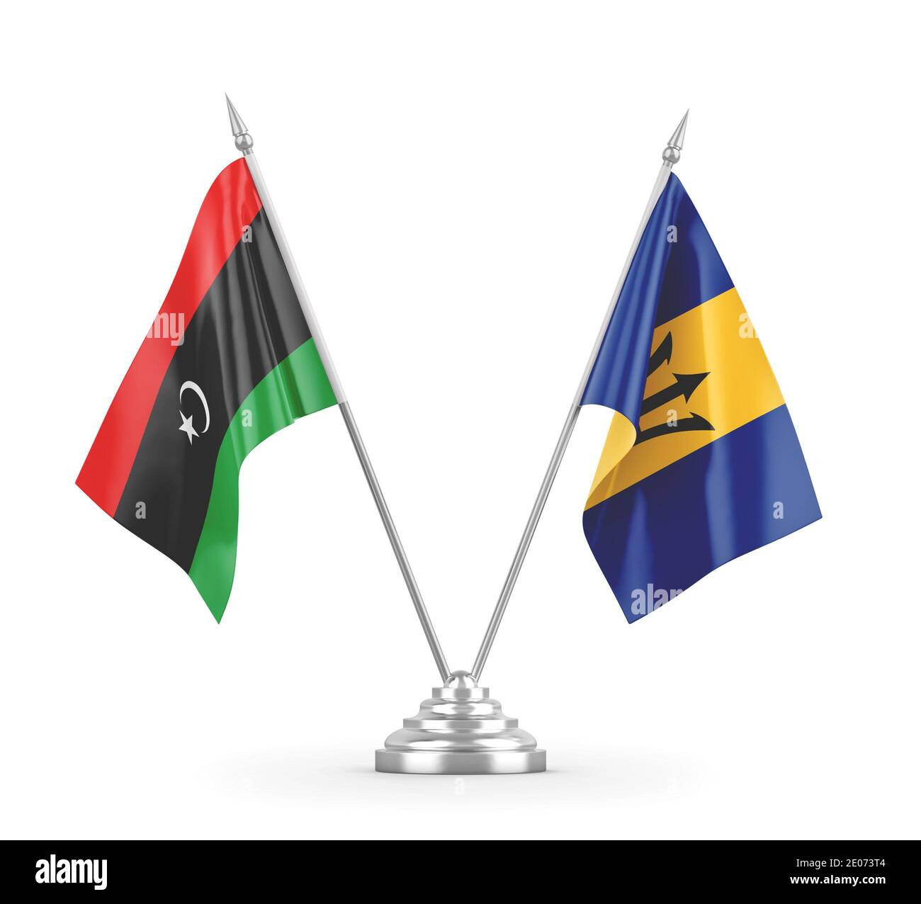 Bandiere da tavolo per Barbados e Libia isolate su sfondo bianco 3D rendering Foto Stock