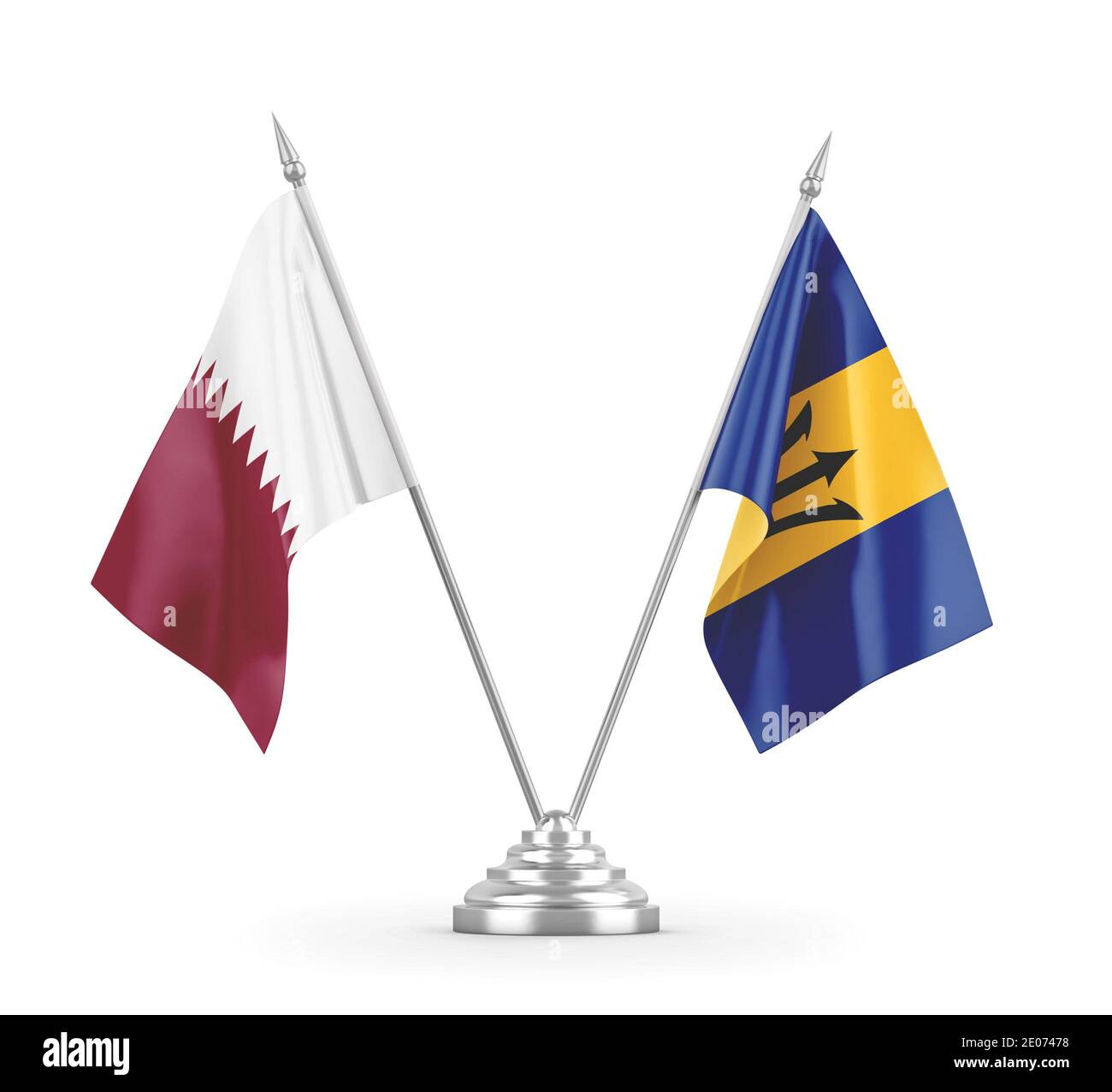 Bandiere da tavolo Barbados e Qatar isolate su sfondo bianco 3D rendering Foto Stock