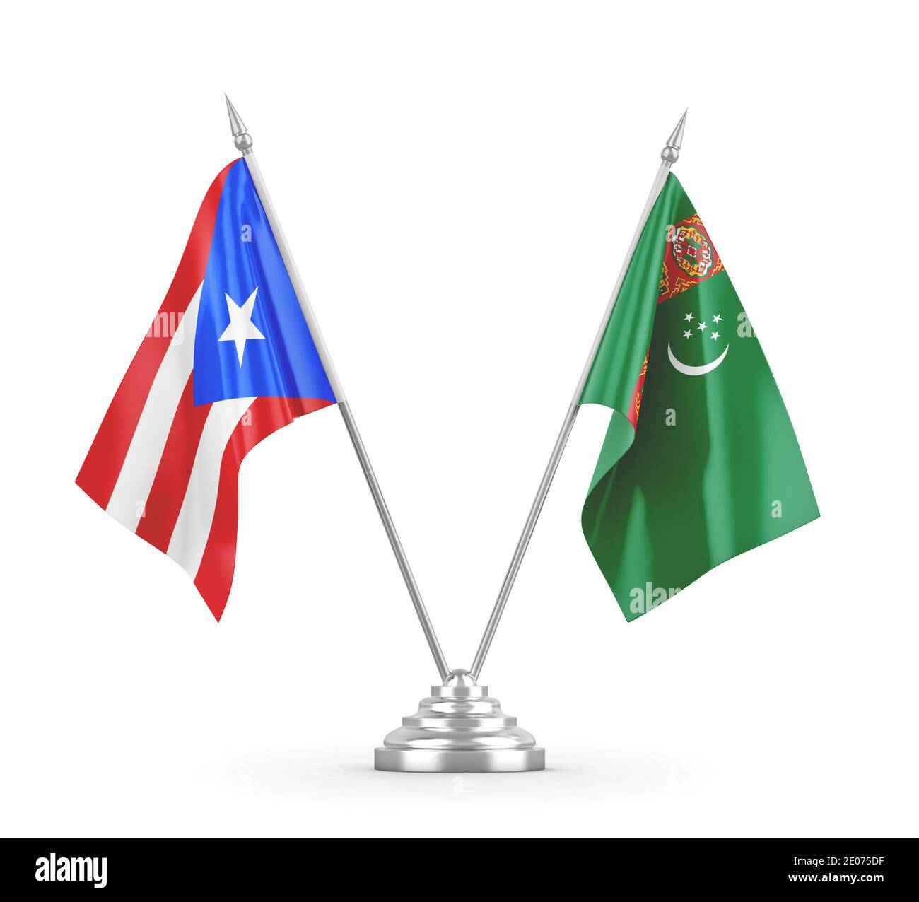 Turkmenistan e Puerto Rico bandiere da tavolo isolate su sfondo bianco Rendering 3D Foto Stock