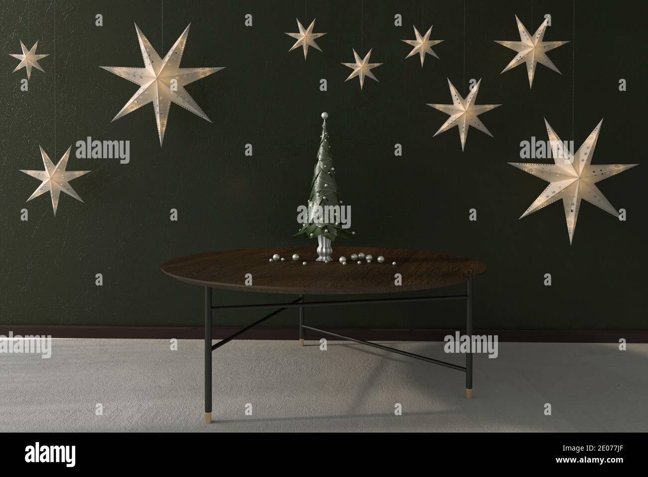 Rendering 3d, illustrazione 3d di un albero di Natale e stelle. Decorazione insolita, la vacanza deve avere, interessante sfondo interno. Foto Stock