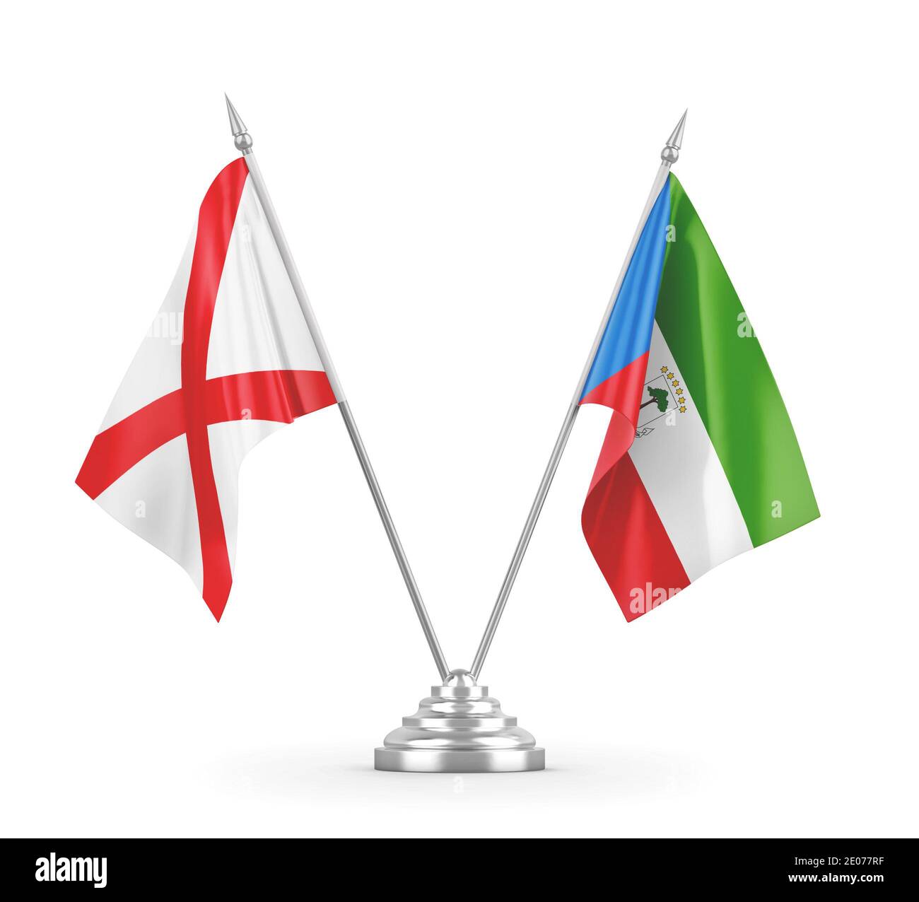 Bandiere da tavola della Guinea equatoriale e dell'Irlanda del Nord isolate su bianco Foto Stock