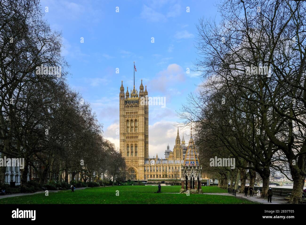 Vista sul Palazzo del Parlamento Westminster House of Commons Londra è stata presa dai Victoria Tower Gardens South Foto Stock