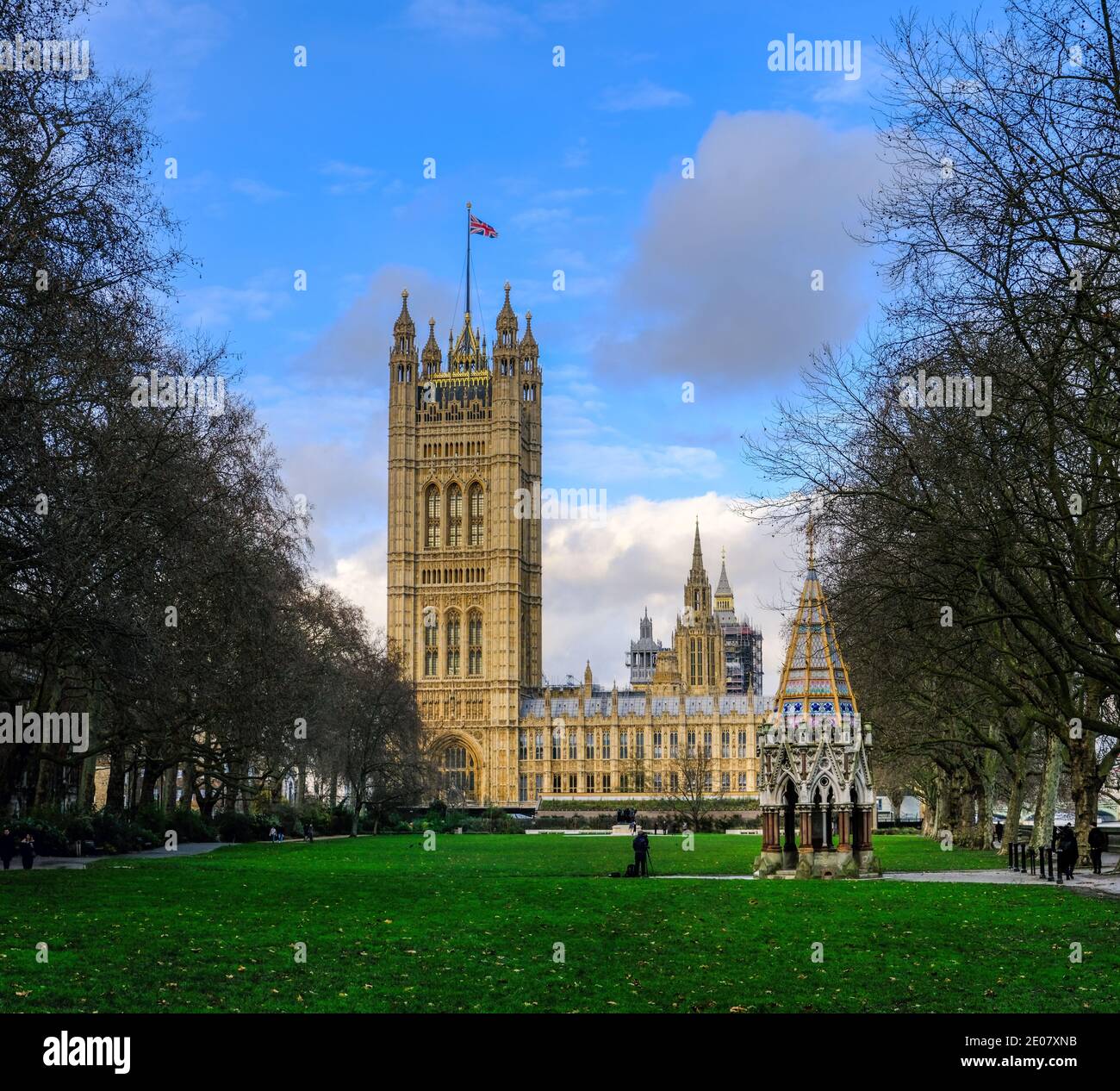 Vista sul Palazzo del Parlamento Westminster House of Commons Londra è stata presa dai Victoria Tower Gardens South Foto Stock