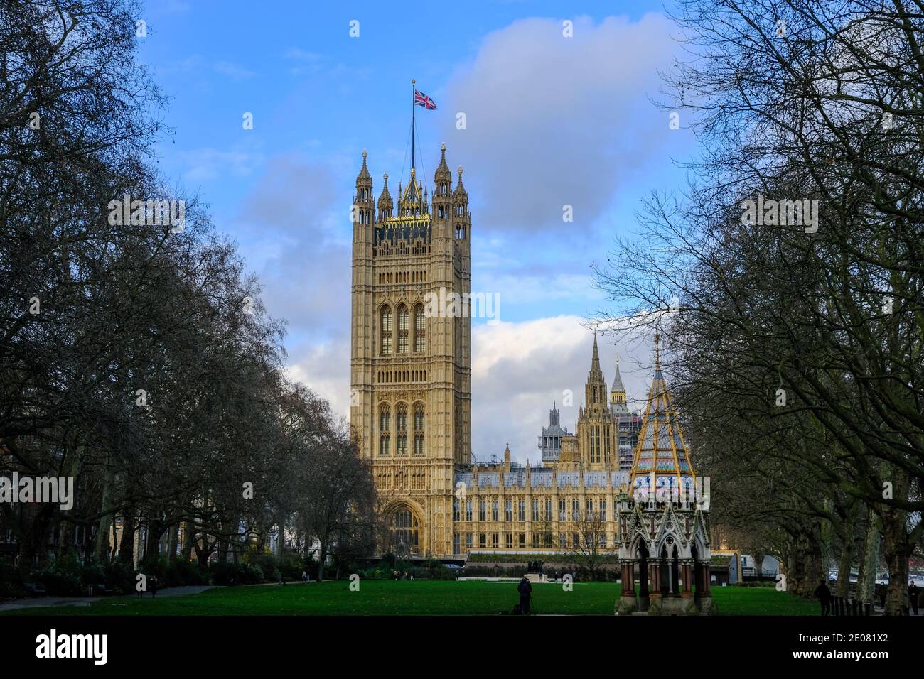 Vista sul Palazzo del Parlamento Westminster House of Commons Londra è stata presa dai Victoria Tower Gardens South Foto Stock