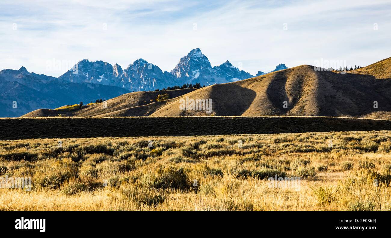 La gamma Teton e parte di Blacktail Butte da vicino Gros ventre Campground, Wyoming, Stati Uniti. Foto Stock