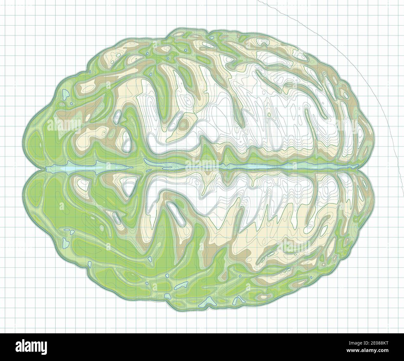 Mappa geografica del cervello, rielaborazione del cervello umano sotto forma di mappa. Concetto. Scansione TC. rendering 3d. Alture e orografia, rilievo montano Foto Stock