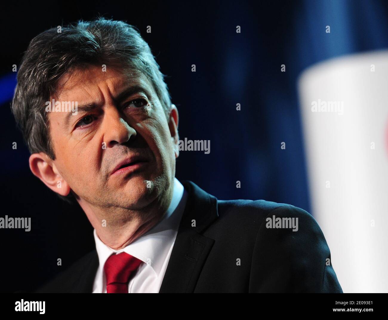 Candidato del partito del fronte sinistro (Front de Gauche) alle elezioni presidenziali francesi del 2012, Jean-Luc Melenchon partecipa al 36° congresso sull'ambiente naturale della Francia a Montreuil, vicino a Parigi, Francia, il 28 gennaio 2012. Foto di Mousse/ABACAPRESS.COM Foto Stock