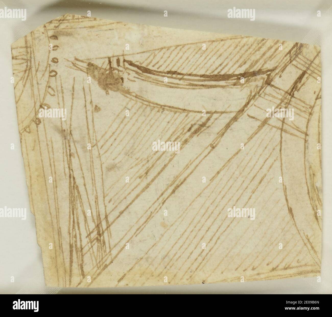 Leonardo da Vinci - verso un frammento della ruota dentata e molla tensionata di un arco trasversale. Foto Stock