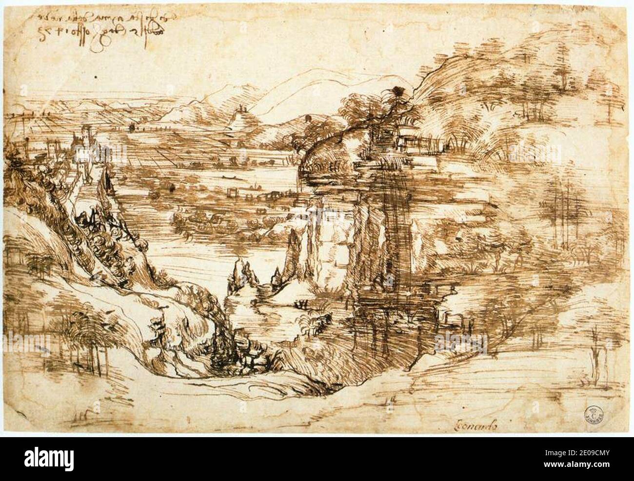 Leonardo da vinci, disegno paesaggistico per Santa Maria della neve il 5 agosto 1473. Foto Stock