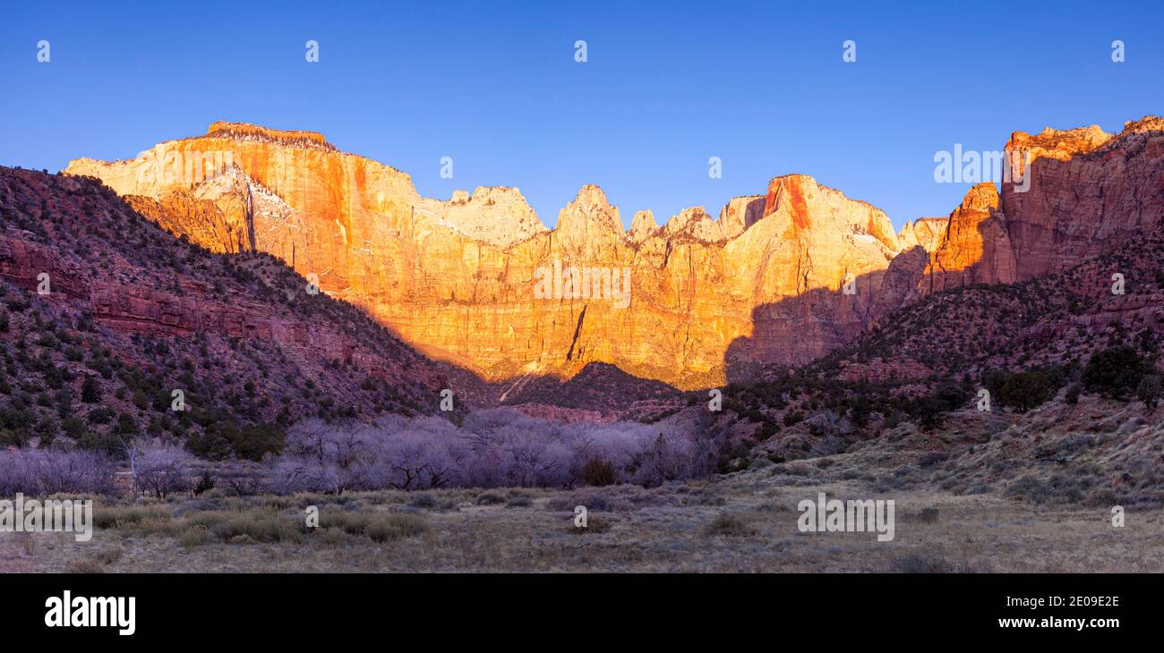 Dawn Sunlight sul Tempio Ovest e le Torri della Vergine, Zion National Park, Utah, USA Foto Stock