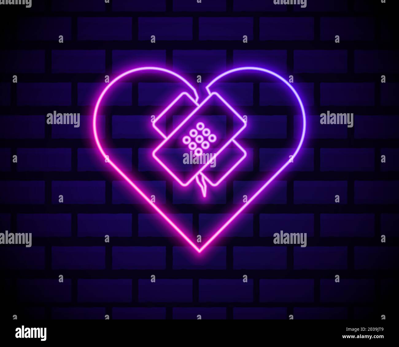 Linea di neon incandescente guarito cuore rotto o divorzio icona isolato su sfondo muro di mattoni. Cuore frantumato e patchato. Simbolo d'amore. San Valentino. VEC Illustrazione Vettoriale