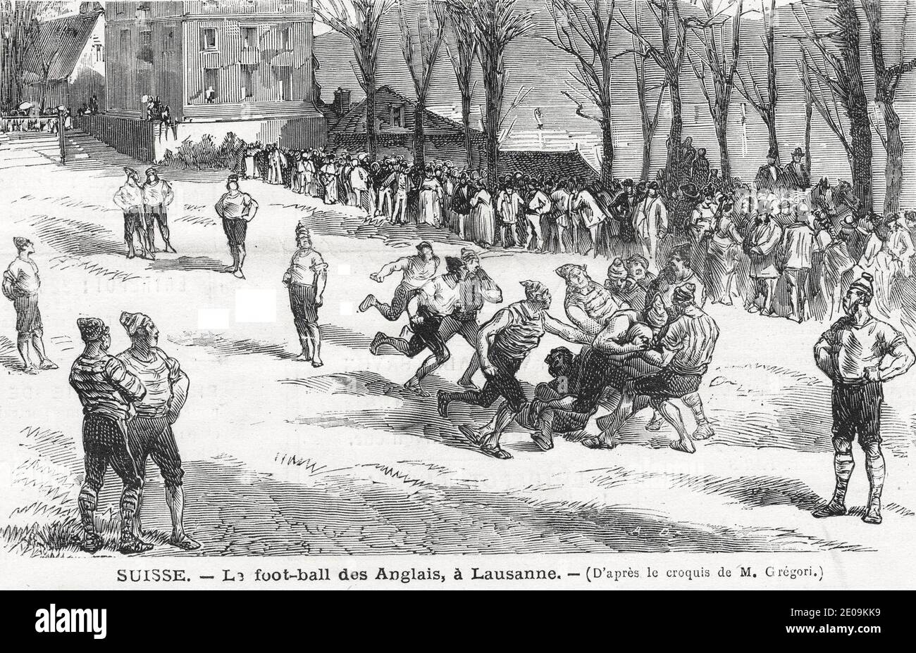 Les balbutiements du rugby suisse, étudiants anglais en vacance contre étudiants suisses (Losanna - 1883). Foto Stock