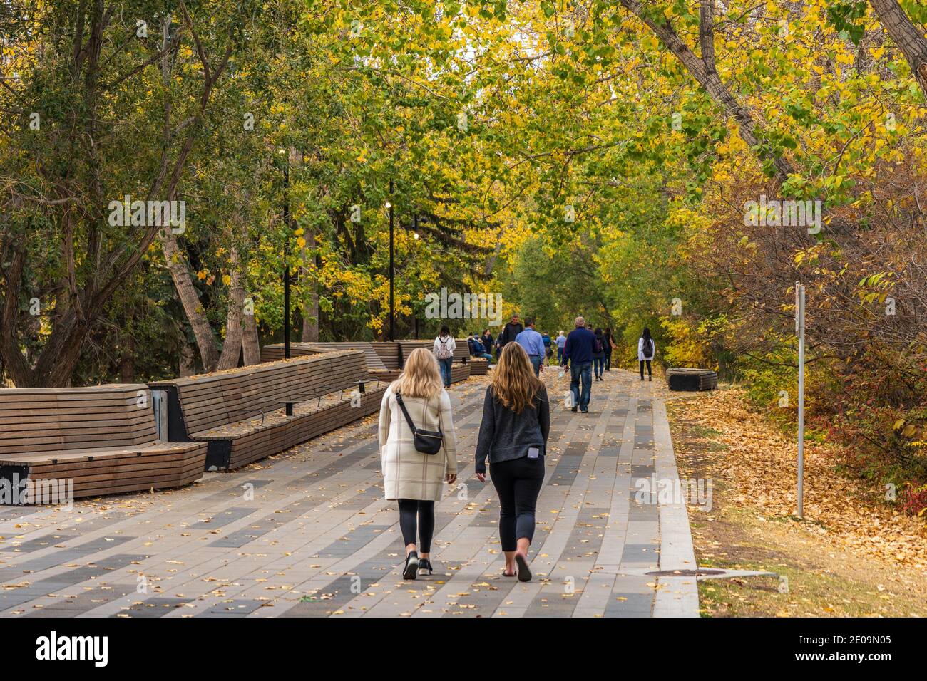 I cittadini si rilassano nel Prince's Island Park in autunno. Calgary centro. AB, Canada Foto Stock