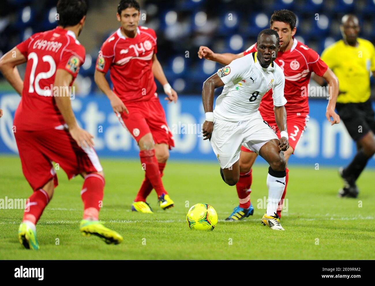 Emmanuel Badu Agyemang del Ghana durante la partita di calcio della Coppa Africana delle Nazioni 2012, Quarterfinal, Ghana contro Tunisia a Franceville, Gabon, il 5 febbraio 2012. Foto di ABACAPRESS.COM Foto Stock