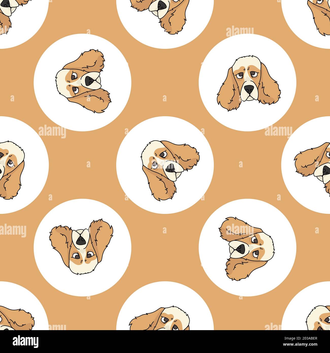 Cute cocker disegnata a mano spaniel cane faccia razza in polka dot seamless vettore pattern. Purebread pedigree cucciolo domestico su fondo dotty. Amante del cane Illustrazione Vettoriale