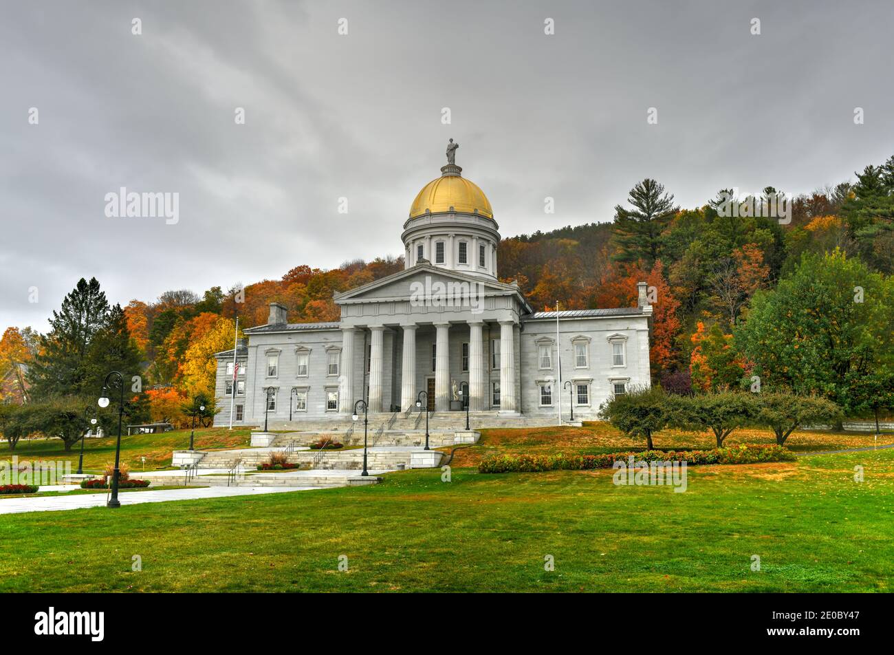 Il Campidoglio di Stato a Montpelier Vermont, Stati Uniti. L'attuale struttura di rinascita greca è il terzo edificio sullo stesso sito da utilizzare come la St Foto Stock