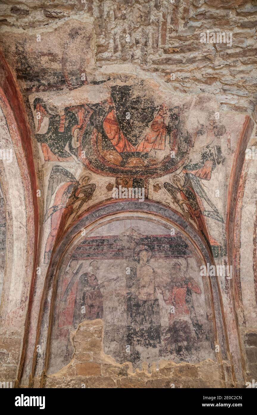 Pitture murali, Canonatura di Sant Vicenç, Castello di Cardona, Catalogna, Spagna Foto Stock