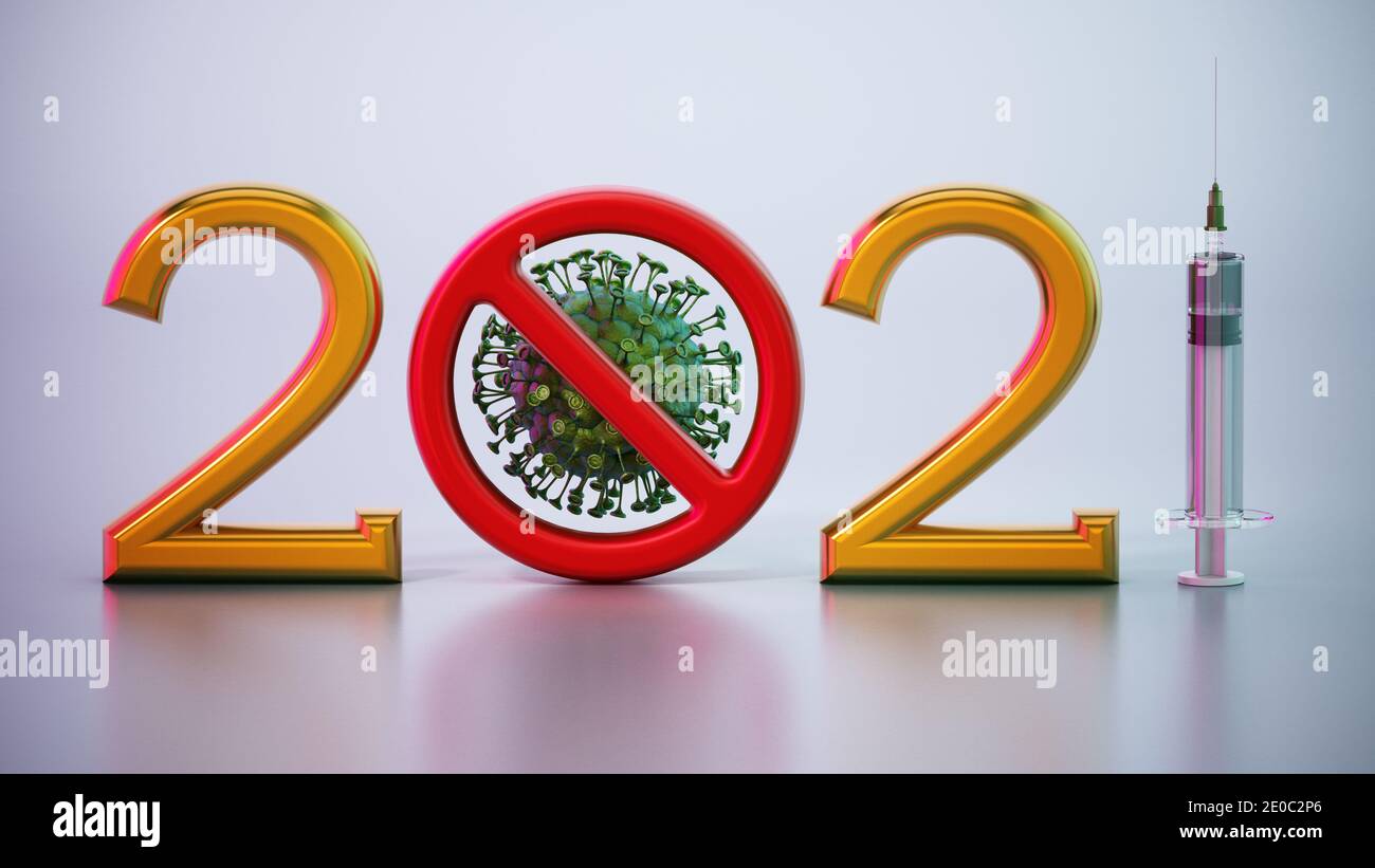 2021 testo con virus all'interno del segno rosso vietato e siringa. Illustrazione 3D. Foto Stock