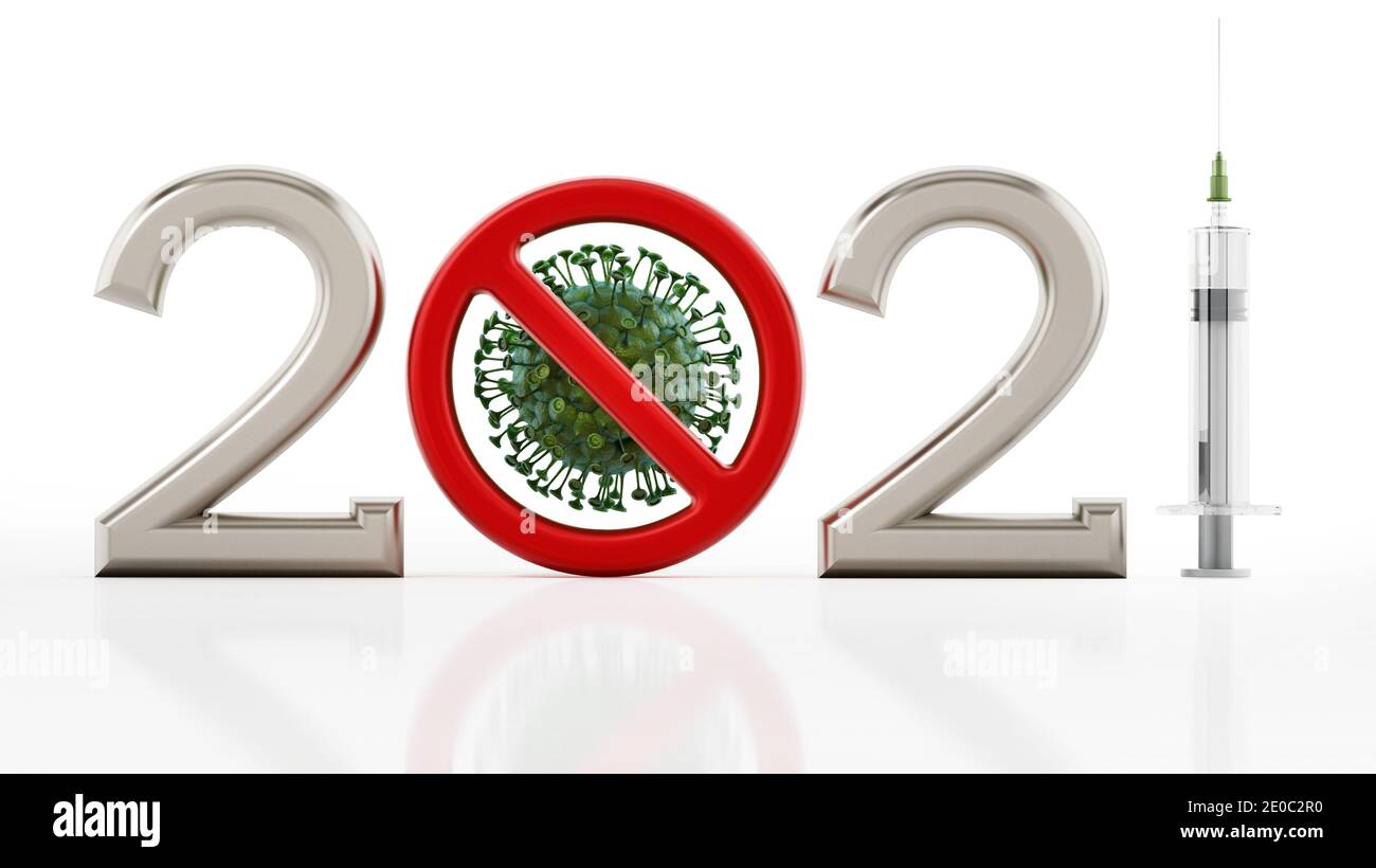 2021 testo con virus all'interno del segno rosso vietato e siringa. Illustrazione 3D. Foto Stock