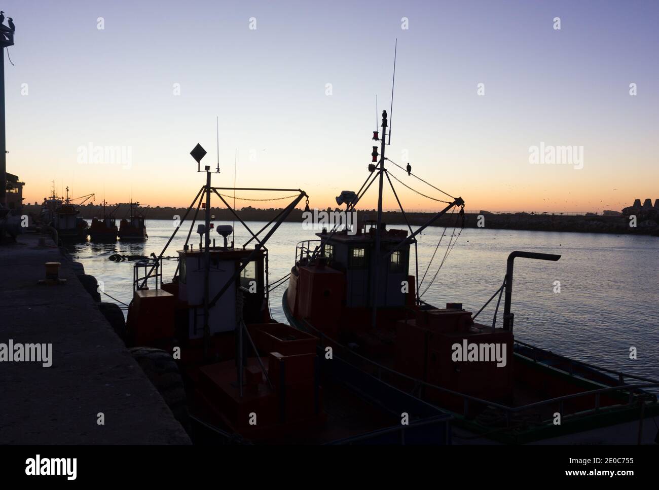 Imbarcazioni commerciali da pesca silhouette nella luce della sera a Lamberts Bay, Sud Africa concept industria della pesca Foto Stock