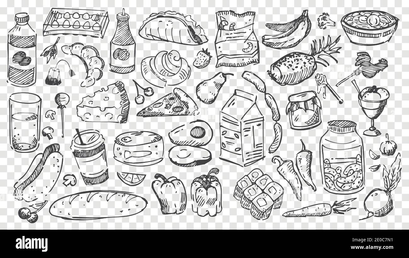 Set di noodles da pasto disegnati a mano. Raccolta di disegni a matita o a gesso di diversi tipi di alimenti frutta e verdura su sfondo trasparente. H Illustrazione Vettoriale