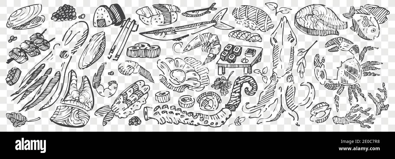 Set di doodle di cibo di mare disegnati a mano. Collezione di disegni a