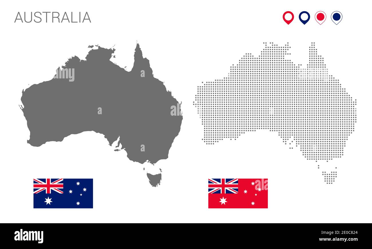 Mappa della silhouette australiana, mappa australiana punteggiata, bandiera australiana, figura vettoriale piatta Illustrazione Vettoriale
